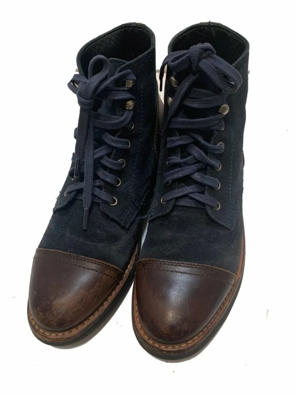 Thursday boots captain Men's Navy Suede and Brown Leather Cap-Toe Lace-Up Boots